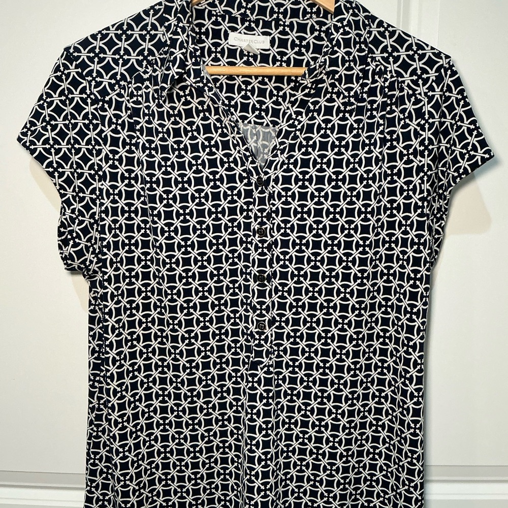 Charter Club Navy and White Geometric Button Down Shirt